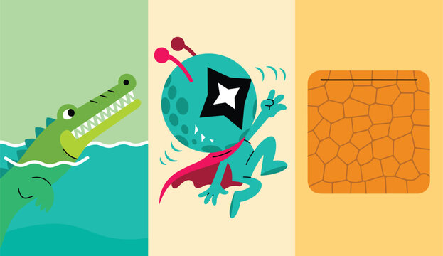 Flat cartoon vector illustration collection featuring a smiling green crocodile in water a quirky alien superhero character and textured blockFlat 