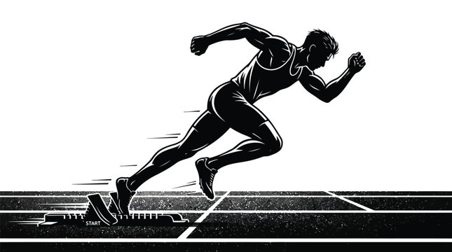 Black silhouette of a male sprinter starting a race on a running track isolated on white background