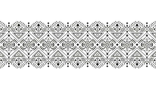 Black and white horizontal geometric border pattern with traditional tribal ethnic and aztec design elements.