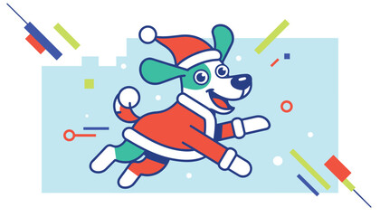 Fototapeta premium Running cartoon dog dressed in a festive Santa Claus outfit with a hat over a blue background with colorful shapes.