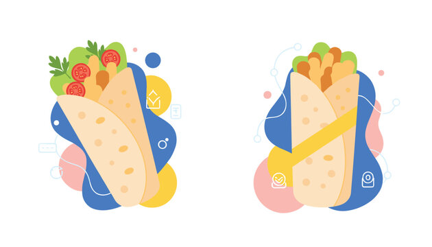Delicious burritos or wraps with fresh ingredients depicted in a modern flat vector style with colorful abstract shapes.