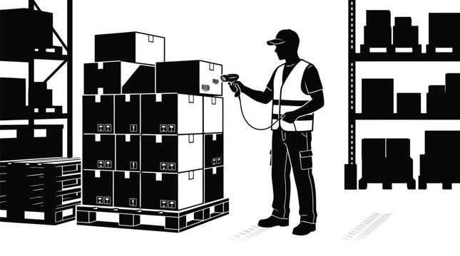 Warehouse worker scanning boxes with handheld scanner vector graphic isolated on white background