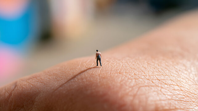 Tiny miniature figure walking on human skin surface with dramatic shadow and soft background blur creating a conceptual macro photography scene