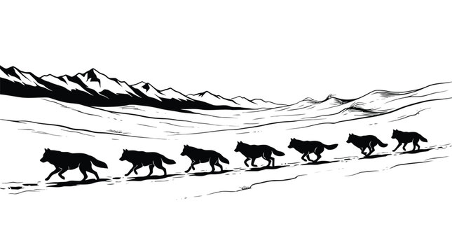 Black silhouette of a wolf pack running across a snowy mountain range isolated on white background