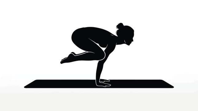Black silhouette illustration of a woman practicing yoga crow pose isolated on white background