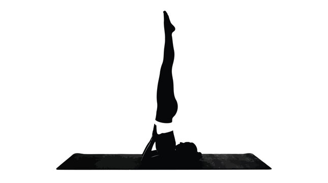 Black silhouette of a woman practicing yoga shoulder stand pose isolated on white background