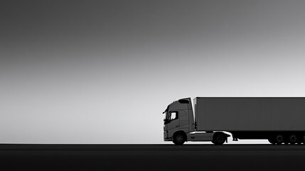 Obraz premium A large commercial cargo truck drives across a modern highway in a striking black and white composition with minimalist artistic style tone
