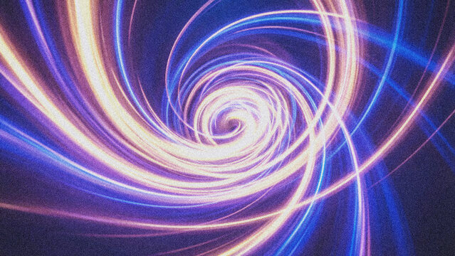 Vibrant blue and purple light swirl vortex creating spiral motion effect for space and time travel concept.