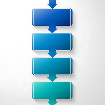 Vertical flow chart template with four empty blue rectangular boxes and arrows isolated on white background