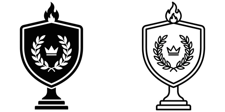 Shield trophy award icons in solid black and outlined vector style.