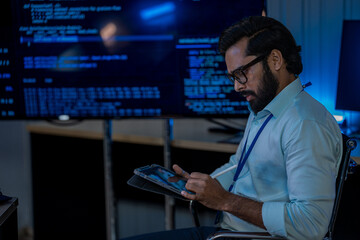 Fototapeta premium South Asian male programmer leans back evaluating code on multiple screens that illuminate a dark cybersecurity office workspace.