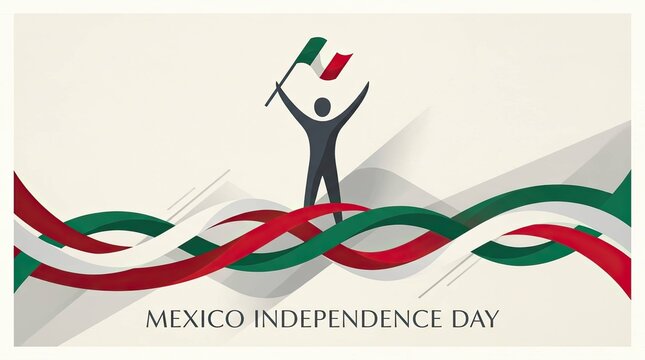 Silhouette figure raising mexican flag with green white red ribbons mexico independence day patriotic vector illustration