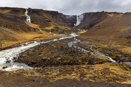 Hengifoss waterfall and river gorge landscape in Iceland