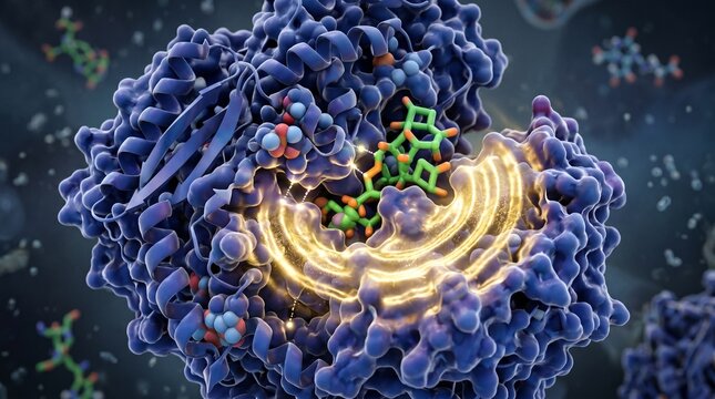 Enzyme binding with substrate molecule in a 3D scientific visualization of protein structure.