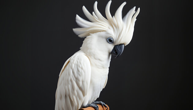 Portrait of a white cockatoo with a raised crest on a dark background