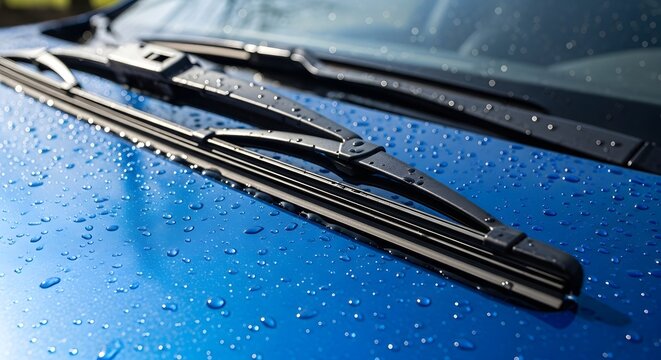 Car wipers on a shiny blue hood covered in raindrops