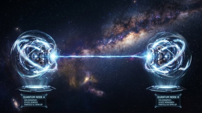 Quantum entanglement connection between two glowing energy spheres in deep space