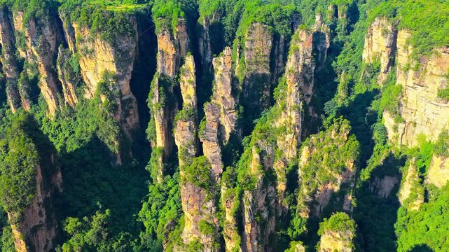 Dramatic aerial view of sandstone pillars and dense forest in Zhangjiajie, China, offering a striking nature, tourism, and geology background.