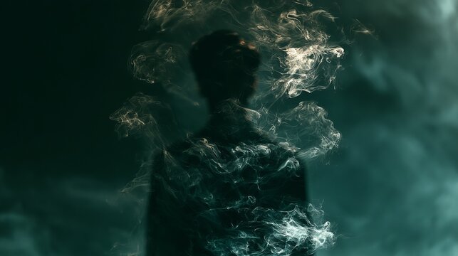 Ethereal figure shrouded in dark teal smoke, solitary against a shadowy background, evoking mystery and introspective contemplation