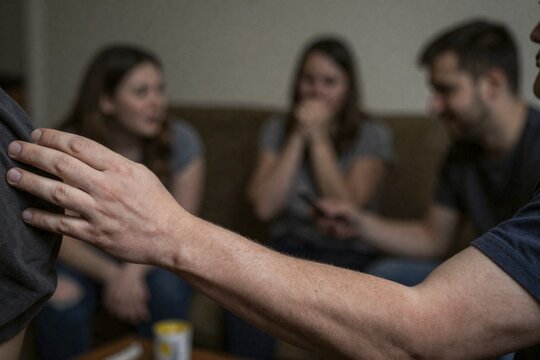 Emotional disclosure and interpersonal communication dynamics within a supportive youth peer group, tactile gesture of empathy during group therapy, reaching arm symbolizes active listening and psychological intervention, shocked facial expression of an attentive listener revealing emotional resonance and cognitive processing of unexpected confessions, social circle discussing mental health awareness and vulnerability in a private residential interior, nonverbal communication and somatic reassurance bridging interpersonal distances, authentic youth culture navigating relational conflicts, collective empathy fostering resilience against social isolation, candid group counseling session addressing emotional trauma and shared experiences, intimate living room atmosphere reflecting authentic domestic socializing, profound psychological dialogue among young adults strengthening social bonds, selective focus emphasizing physical connection in the foreground while capturing authentic emotional reactions of the peer circle in the blurred background, KI-generated, A comforting hand on another person's shoulder, with a group chatting in the background, AI-generated, AI generated