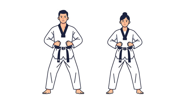 Male and Female Taekwondo Athletes Standing in Ready Stance Vector Illustration