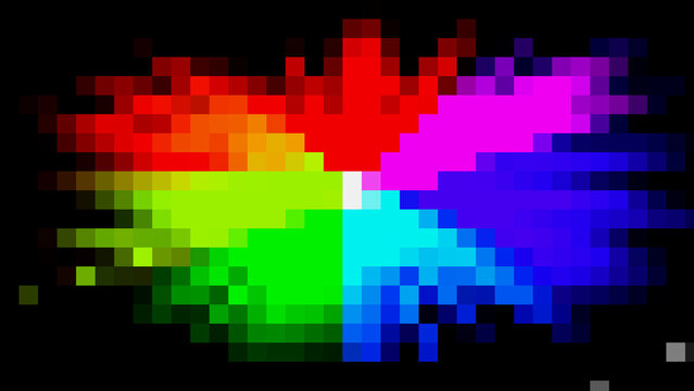 Abstract rainbow pixel explosion on black background
