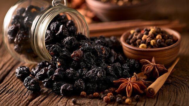 Dried blackcurrants sit within a glass jar, showcasing deep purple hues alongside complementary spices on rustic wood