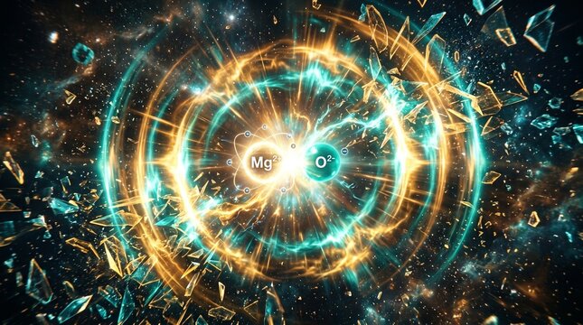 Magnesium and oxygen ionic bond reaction with glowing energy waves and atomic particles.