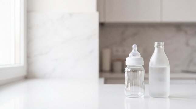 Baby Bottle and Sterilizing Fluid Bottle on Kitchen Countertop for Social Media Banner