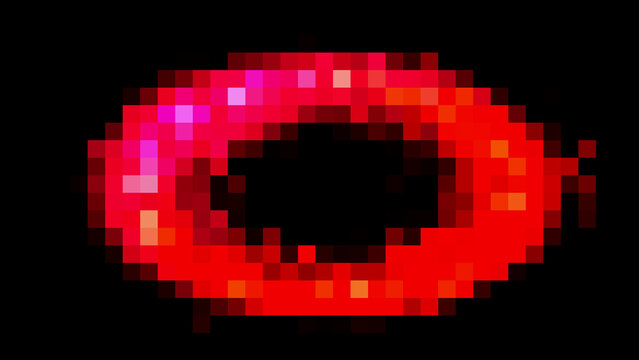 Abstract red pixelated ring shape on a black background