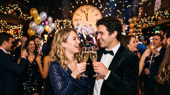 Happy couple toasting champagne at a New Year Eve party with clock and confetti background