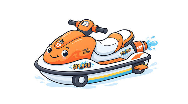 Cute smiling orange cartoon jet ski character isolated on white