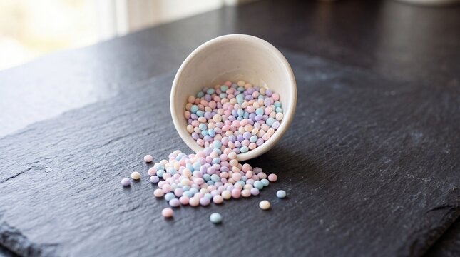 Pastel Laundry Scent Booster Beads Spilling on Dark Slate Surface for Product Banner