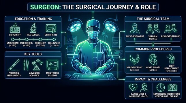 Surgeon surgical journey and role infographic, medical education and training flowchart, healthcare career path concept