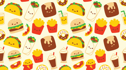 Fototapeta premium Cute Kawaii Fast Food Seamless Pattern Vector. Flat vector illustration EPS 10.