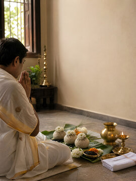 Indian Man Performing Pitru Paksha Rituals with Rice Ball Offerings
