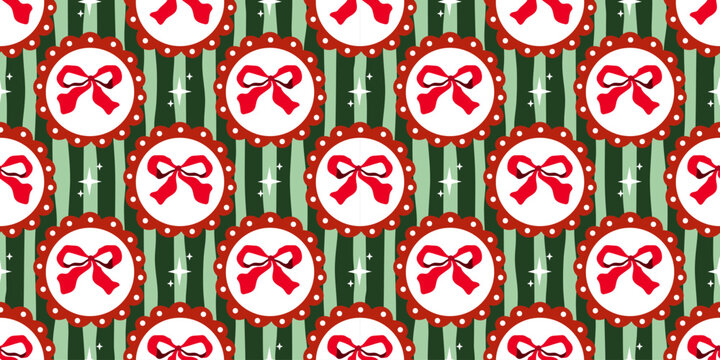 Christmas background bow with merry ribbon seamless and gingham stripe pattern. Preppy modern vector with winter whimsical fashion and texture valentine xmas. Harlequin present aop with tie.