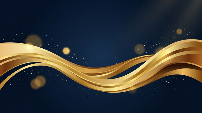 Elegant golden wave background, luxury gold flowing ribbons on dark blue, premium metallic silk texture with bokeh sparkles