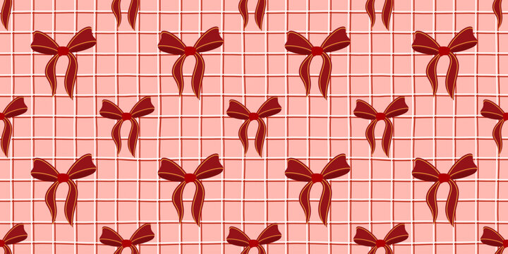 Christmas stripe bow and ribbon merry gingham with background preppy seamless. Pattern red repeat and vector bg wallpaper with ornament vintage birthday. Rhombus circus aop and valentine.