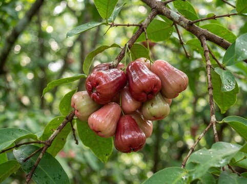 Fresh rose apple cluster hanging on tree branch, ripe wax apples in tropical orchard, organic java apple fruit in nature
