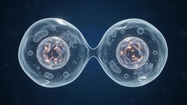 Cell divides, splitting into two distinct halves