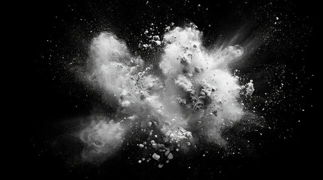 White powder explosion against a dark backdrop, representing energy and disruption, concept for innovation and transformation