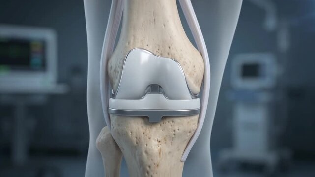 Knee joint animated with artificial replacement