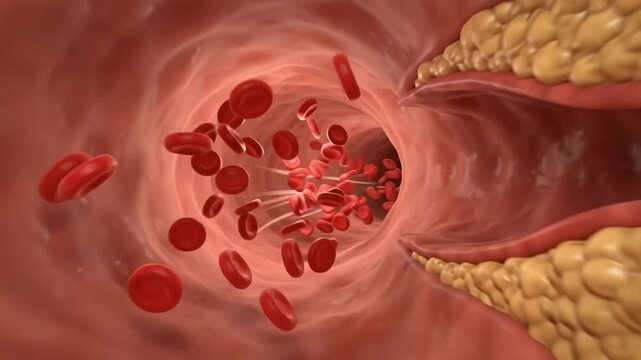 Red blood cells flow through a widening artery
