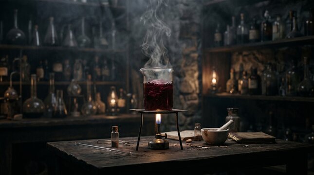 Smoking beaker on cluttered lab table with dramatic low light and scientific experimentation