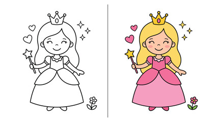 Delightful princess coloring page a magical and enchanting activity for children fostering creativity and imagination through artistic expression and joyful coloring fun © Mobaidul