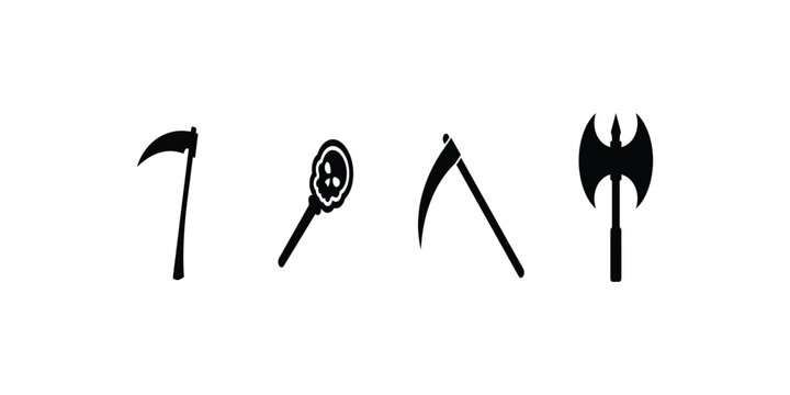 A collection of black silhouette icons featuring a scythe a mace a sickle and a double headed battle axe on white background.
