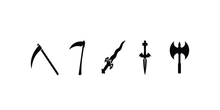 A collection of black silhouette icons representing various medieval fantasy weapons including a scythe a sword a dagger and a battle axe.