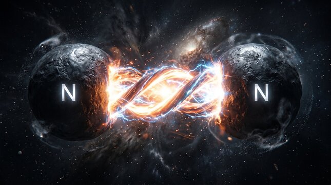 Nitrogen molecule with triple covalent bond between two atoms in deep space background.