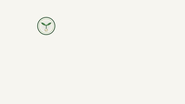 Seamless loop flat vector animation of a perfectly upright, mathematically mirrored, and precision-centered vegan leaf certification badge with mechanical ring formation and synchronized breathing mic